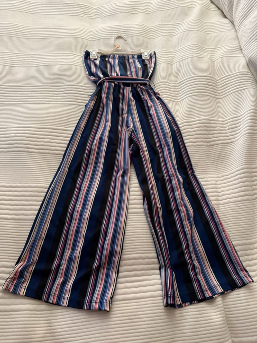 Striped Boho Navy & Multi Colored Strapless Jumpsuit Romper-Pockets & Tie Waist
